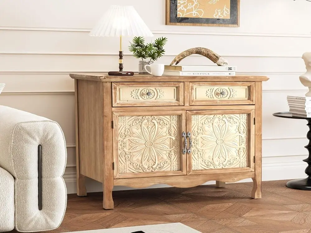 Rustic wooden cabinet with intricate floral relief carvings manufactured using a CNC wood router