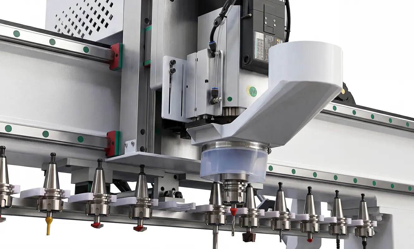 CNC router tool magazine With an automatic tool changer, the CNC control system can select the required tool according to the preset machining sequence and continue machining without requiring the operator to change tools manually.