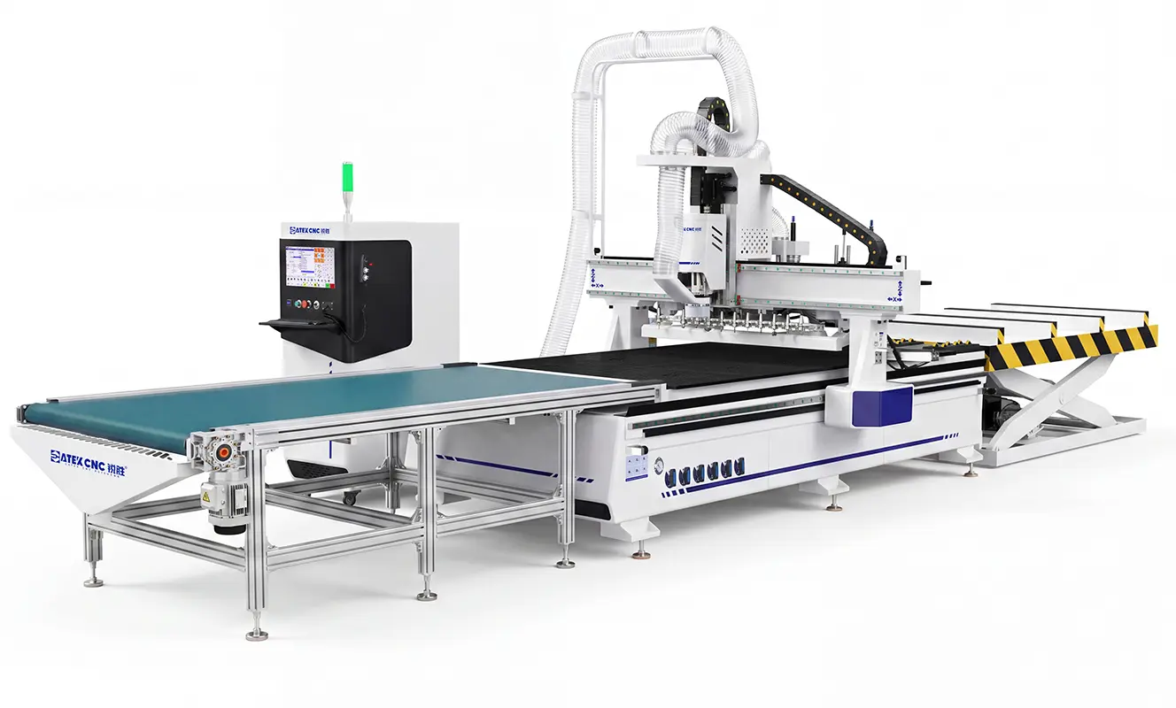 Spire CNC router automatic loading and unloading With automatic loading and unloading, the machine can reduce the need for manual handling of panels, allowing operators to focus more on production management rather than repeatedly loading and unloading workpieces.