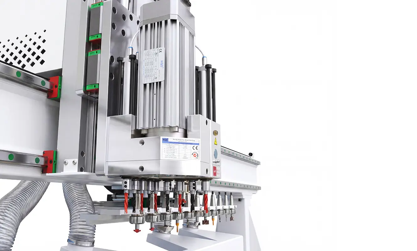 CNC router drill unit Cabinet panels may require holes for connectors, hinges, shelves, or assembly hardware in addition to the outer profile.