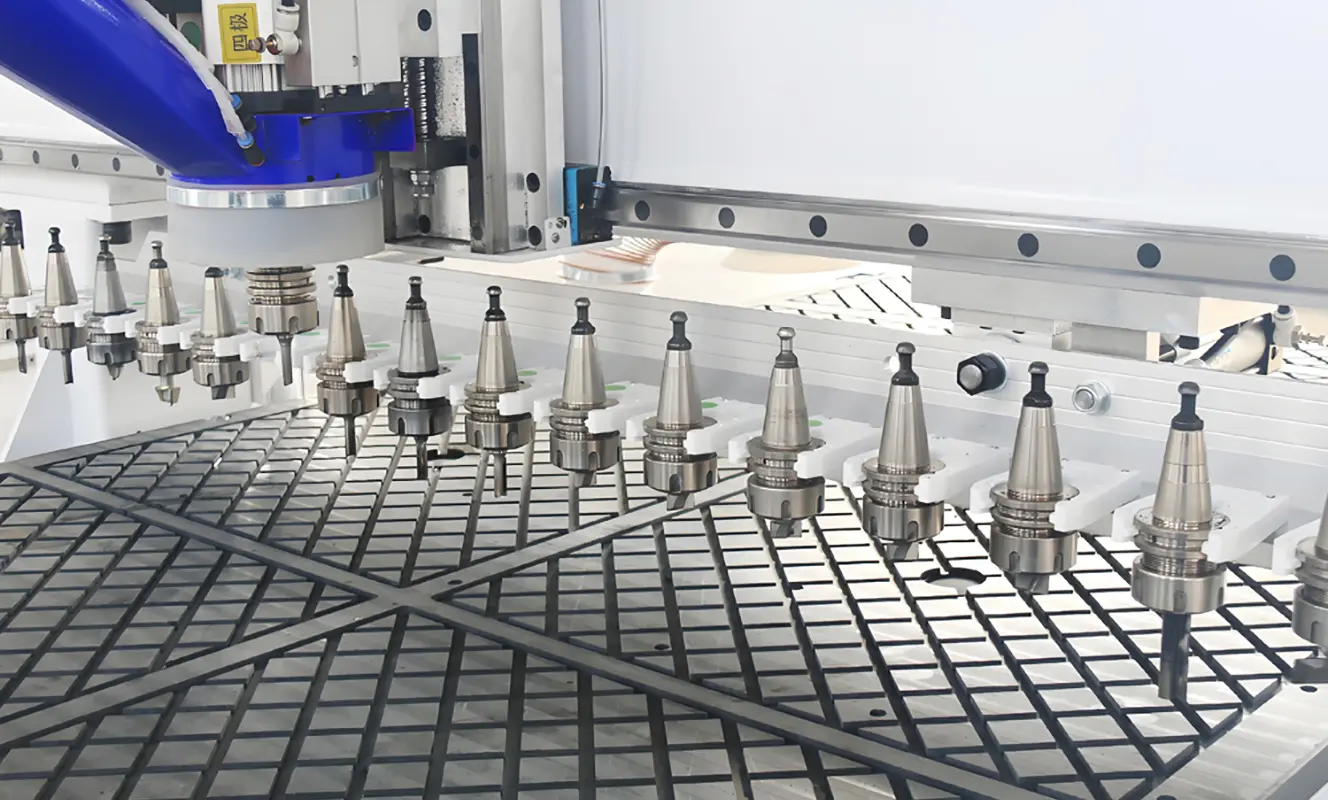 ATC CNC Router for Furniture Manufacturing ATC CNC router with automatic tool changing for efficient cutting, drilling, grooving, milling, and carving of wooden furniture components.