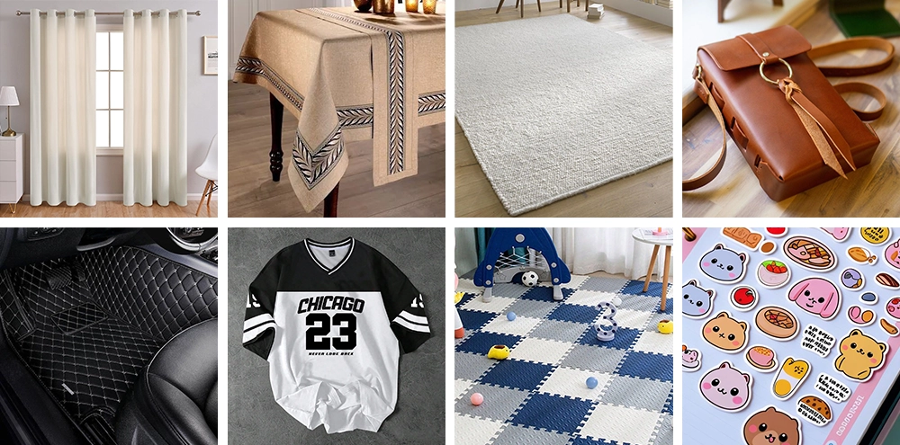 The ATC CNC Router with 4-Axis Saw, Oscillating Tool, and Vision System can process curtains, tablecloths, carpets, leather bags, car floor mats, jerseys, children's play mats, stickers, and more.