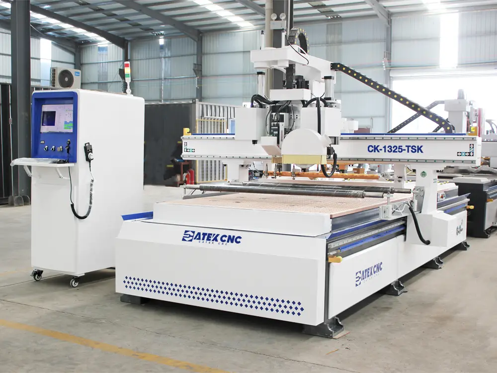 Front right view 4x8ft ATC linear cnc router with 4-axis saw blade, oscillating tool, and vision system