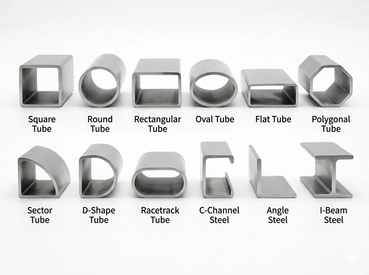 Fiber laser tube cutting machines can process a wide variety of metal tube types, including square, round, rectangular, oval, flat, polygonal, sector, D-shape, racetrack tubes, and C-channel, angle, and I-beam steel, etc.