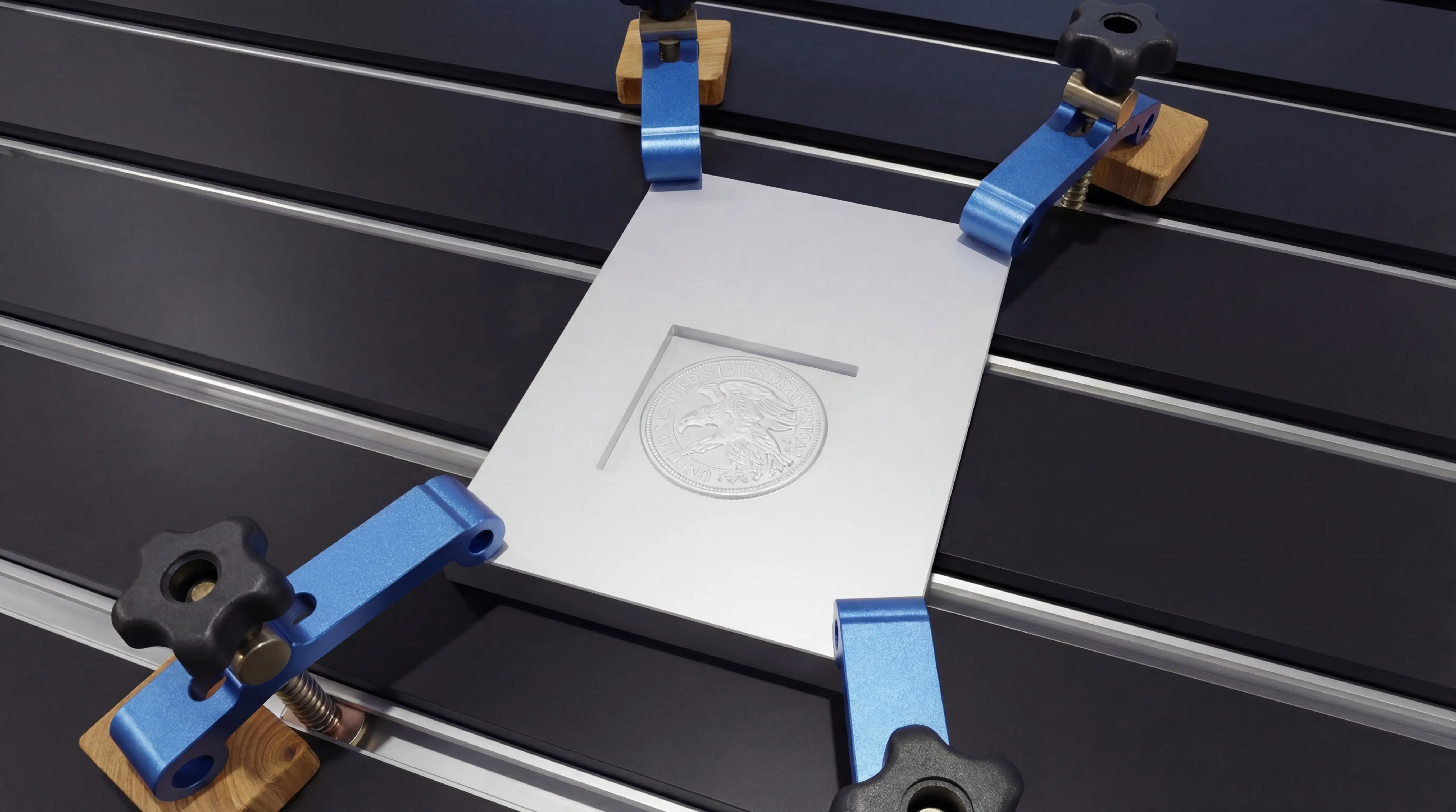 Hold-down clamps for Spire 1325 CNC router with flood cooling