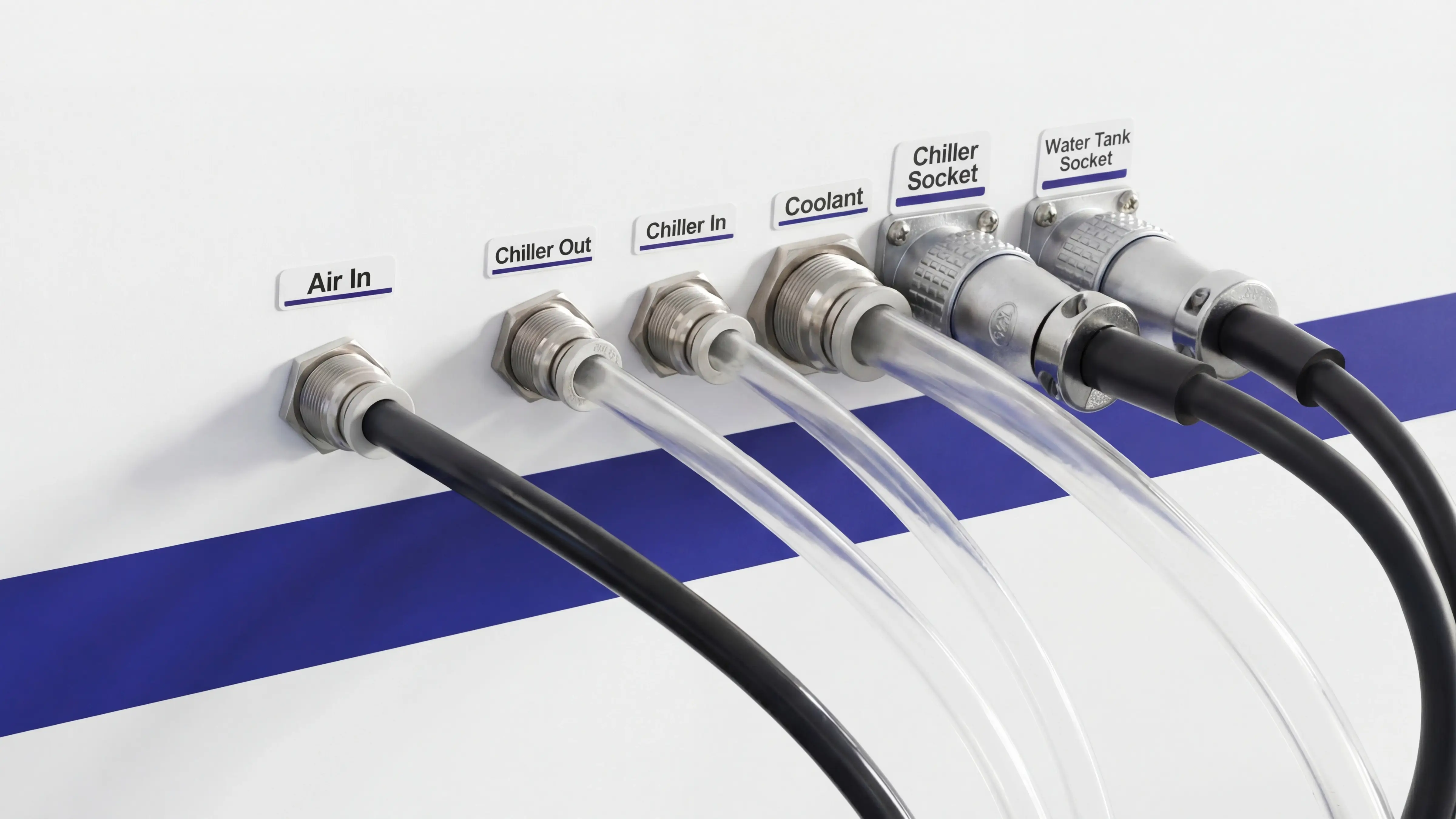 Piping and interface labeling of Spire 1325 CNC router with flood cooling