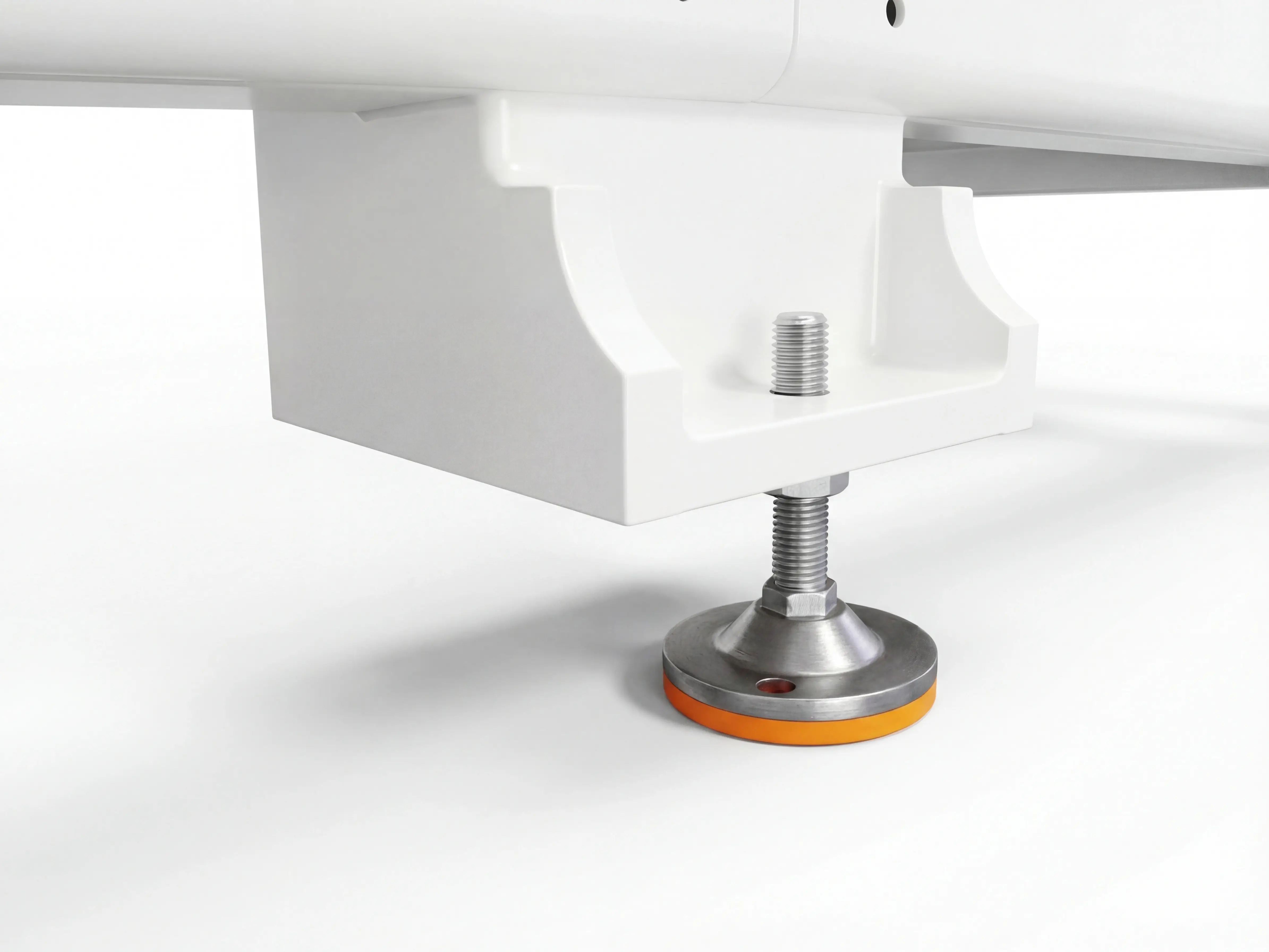 Adjustable leveling feet for Spire 1325 CNC router with flood cooling