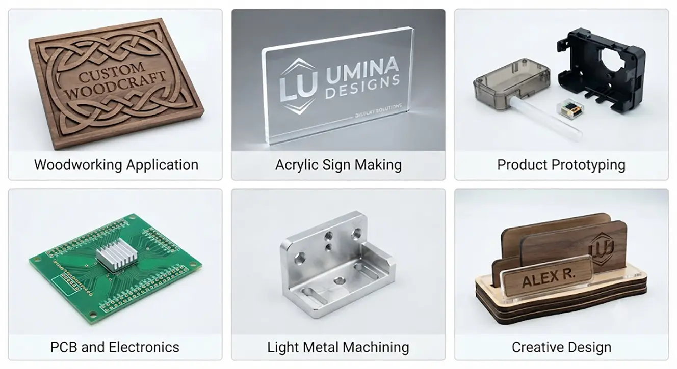 3040 Desktop CNC Router Samples Samples machined by a 3040 desktop CNC router including wood, acrylic, aluminum, and other material engraving projects