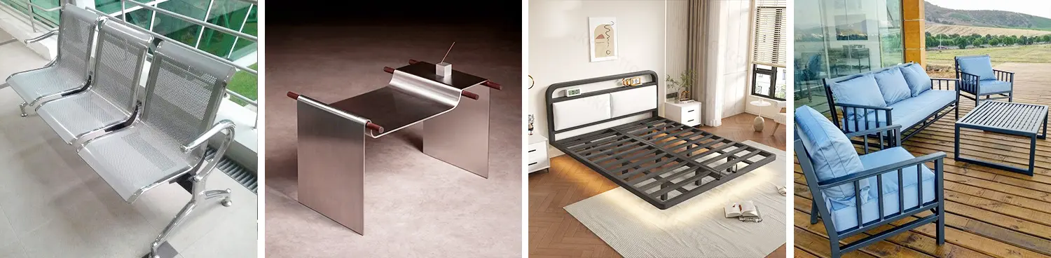 Applications of the fiber laser sheet and tube cutting machines in the furniture industry: sofa metal frames, table metal frames, bed metal frames, metal chairs, etc. Applications of the fiber laser sheet and tube cutting machines in the furniture industry: sofa metal frames, table metal frames, bed metal frames, metal chairs, etc.