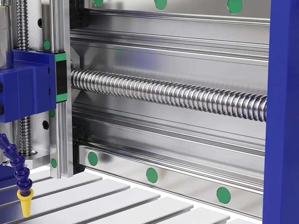 Hiwin HG-15 High-Rigidity Linear Guide and Taiwan TBI Ball Screw for 3040 CNC Router Hiwin HG-15 high-rigidity linear guide and Taiwan TBI precision ball screw system of the 3040 CNC Router, providing smooth axis movement, high positioning accuracy, and stable machining performance.