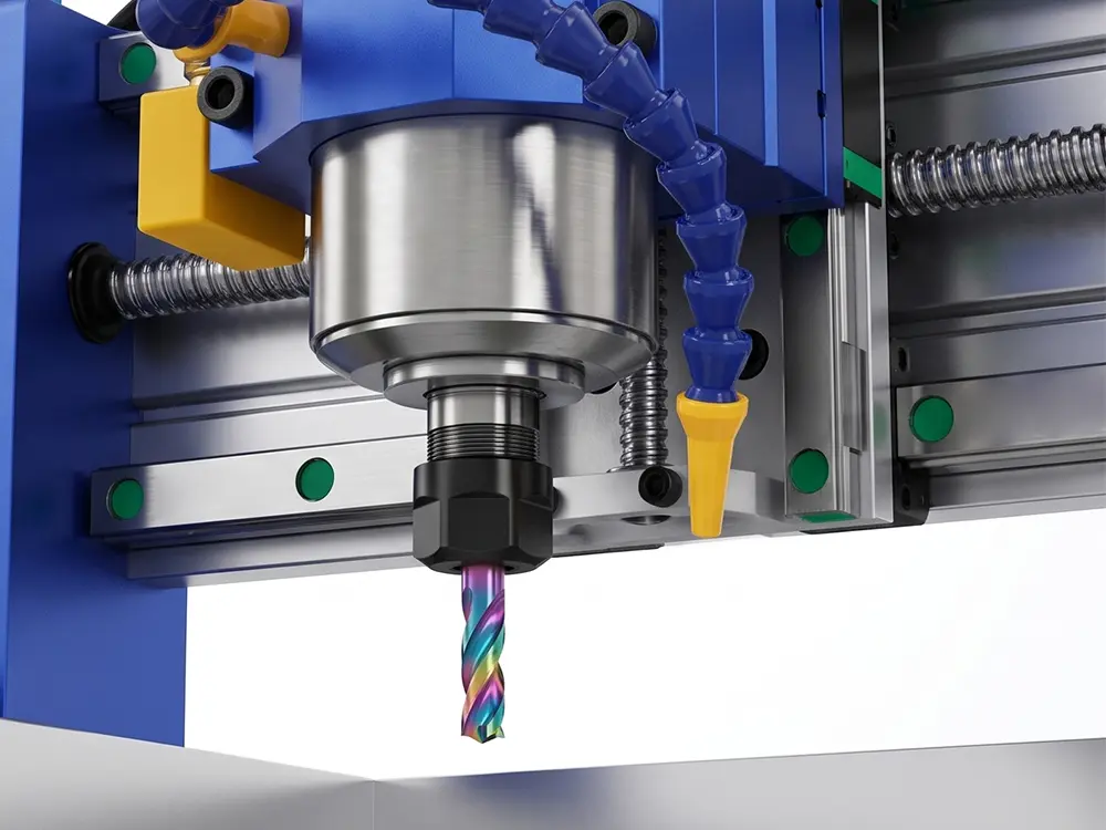 Water Spray Nozzle and Water-Cooled Spindle for 3040 CNC Router Water spray nozzle installed on the 3040 CNC Router spindle system, delivering coolant directly to the cutting area for effective heat reduction, dust control, and stable wet machining performance.