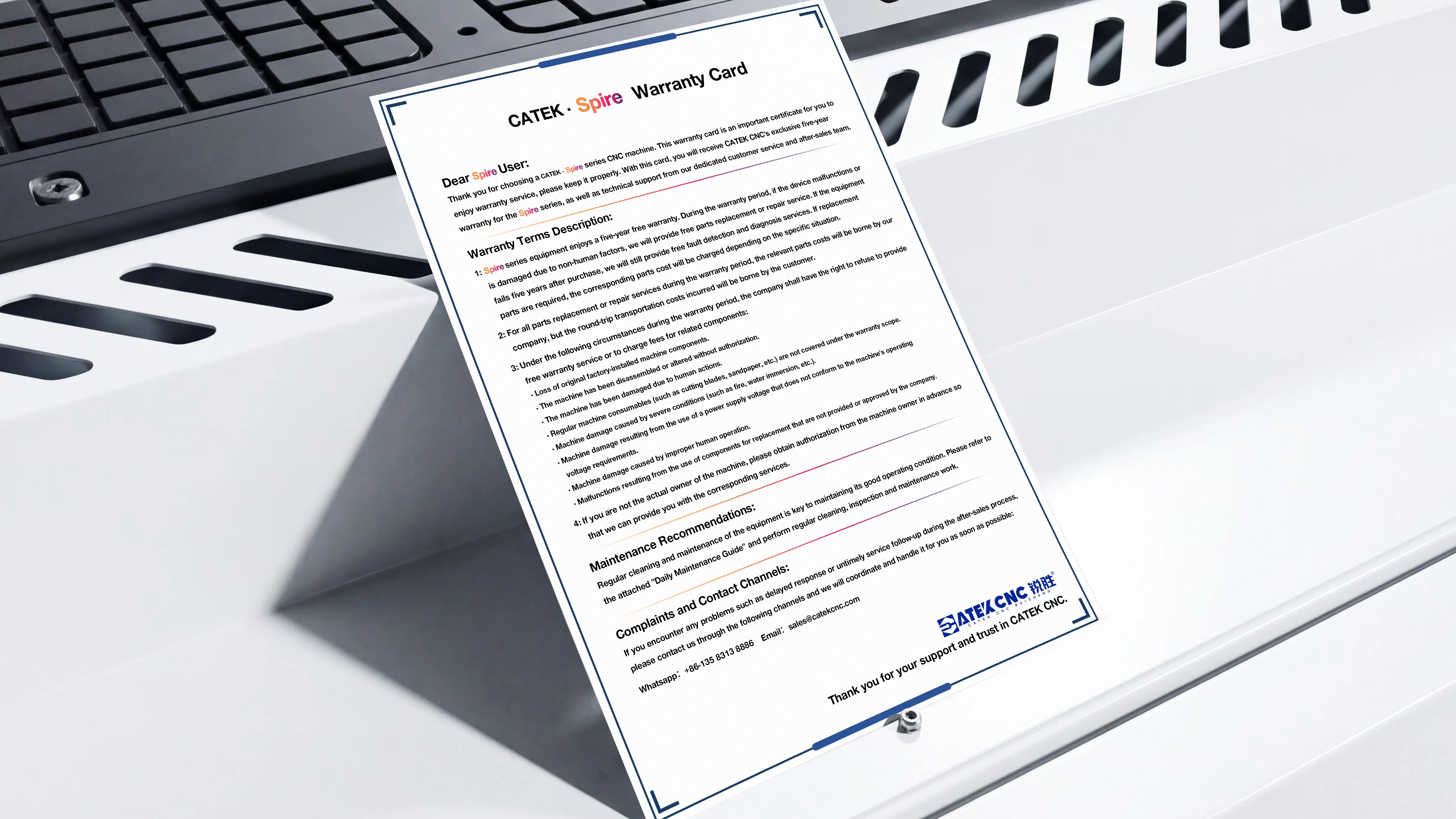 Warranty card for Spire 1325 linear ATC CNC wood router