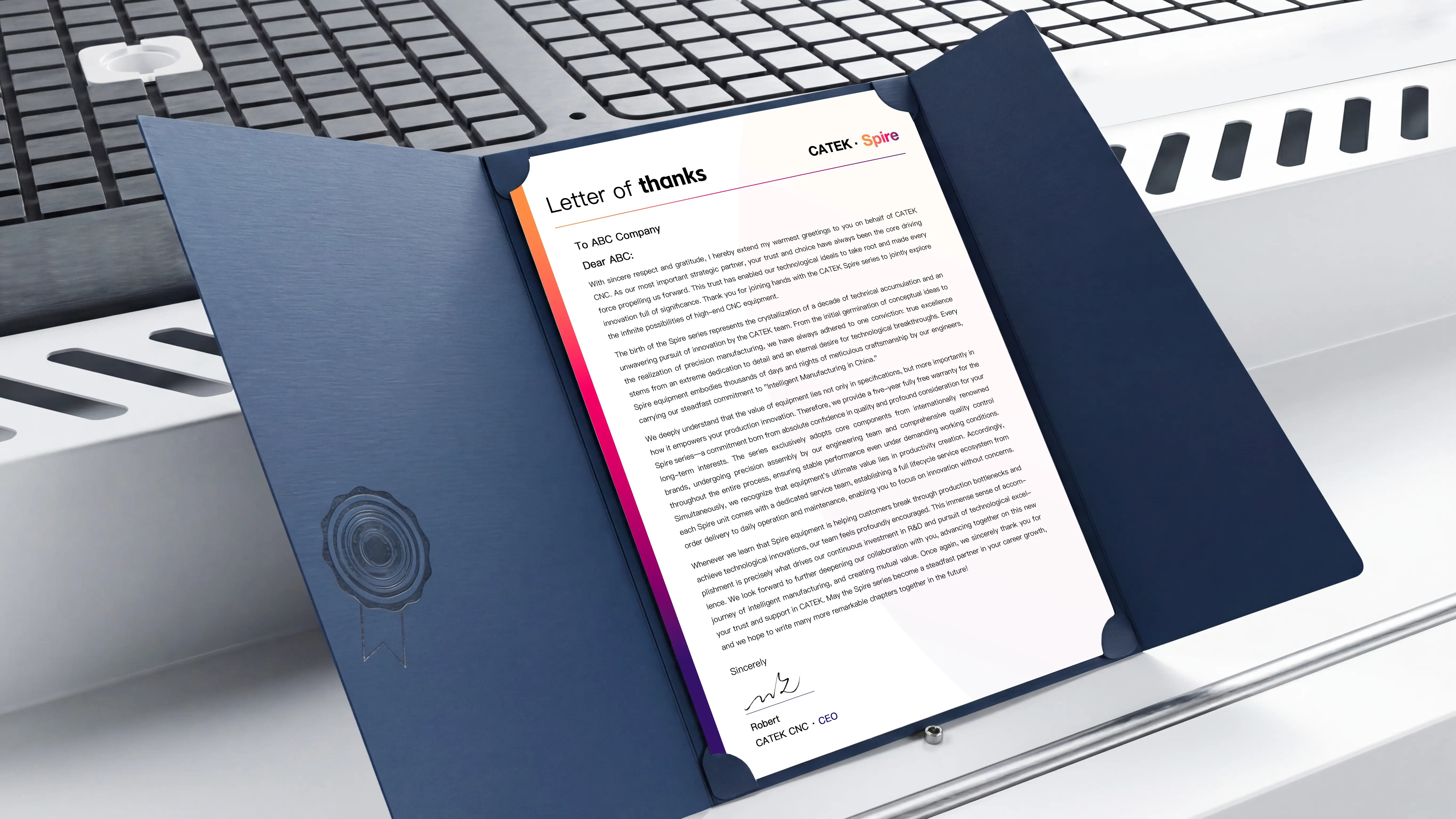 Letter of thanks for Spire 1325 linear ATC CNC wood router