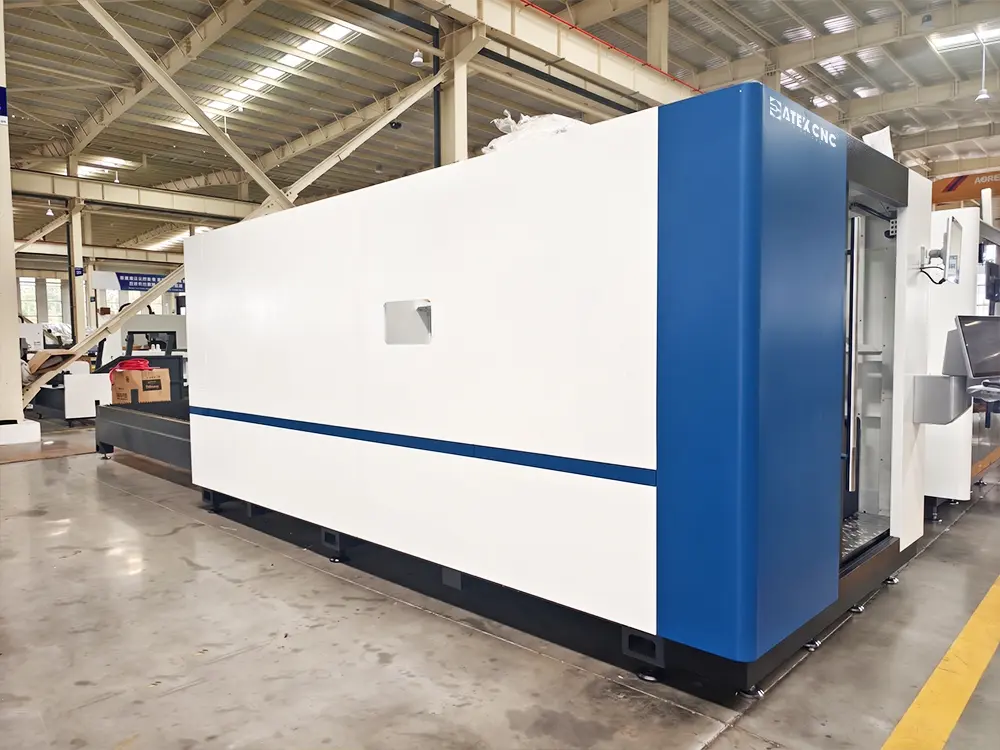 Front right view of the enclosed fiber laser sheet cutting machine with shuttle table Front right view of the enclosed fiber laser sheet cutting machine with shuttle table