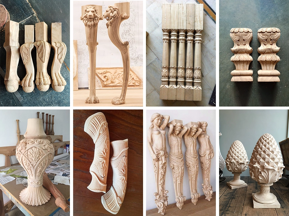 The 8-station 2D & 3D integrated CNC wood router machine can process various wooden products such as table legs, chair legs, stair columns, tool handles, statues, and more.