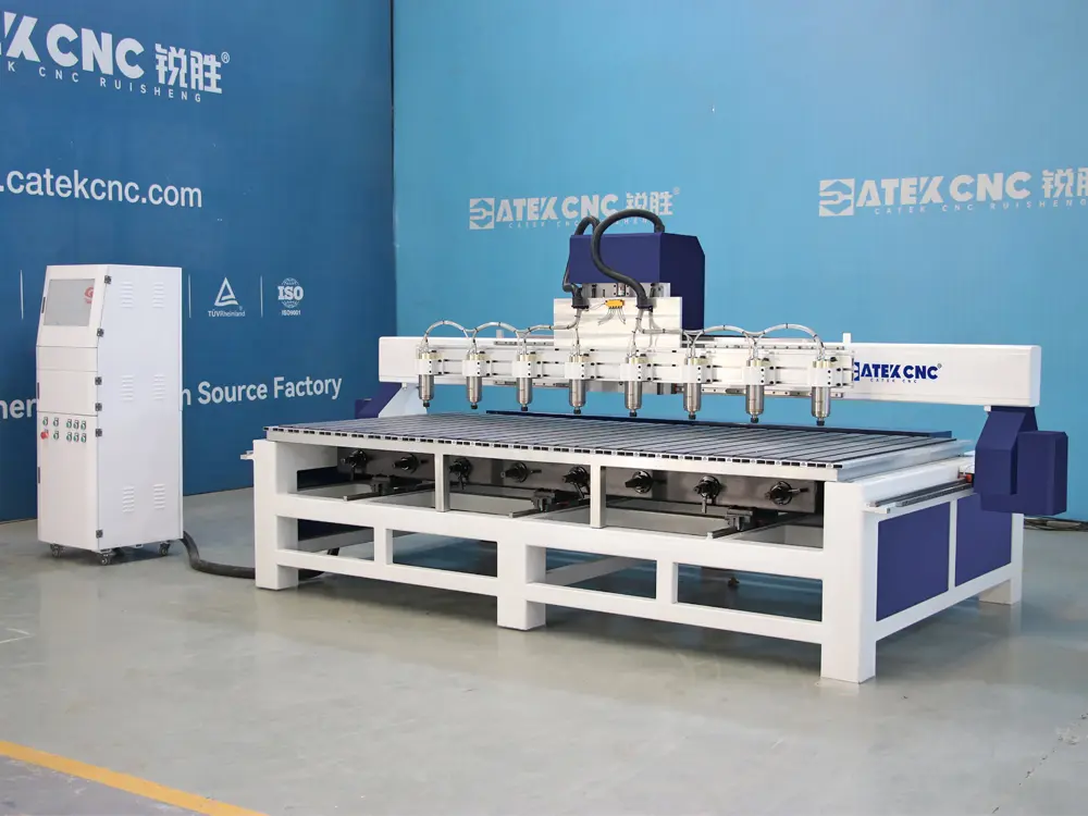 Front left view of 8-station 3D & 2D integrated CNC wood router