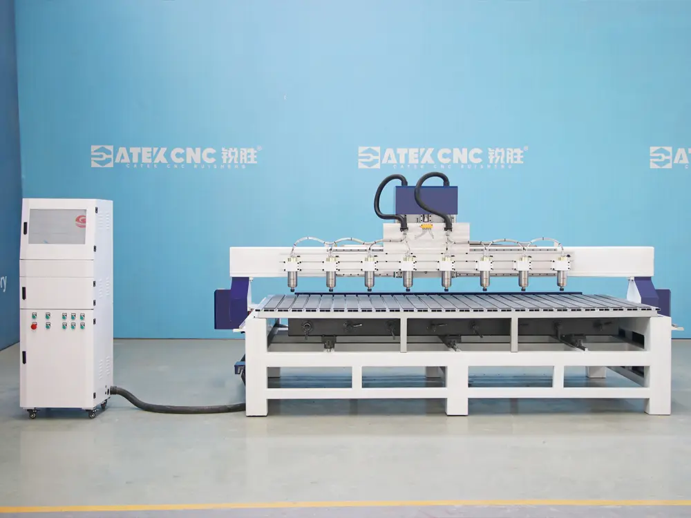 Front view of 8-station 3D & 2D integrated CNC wood router