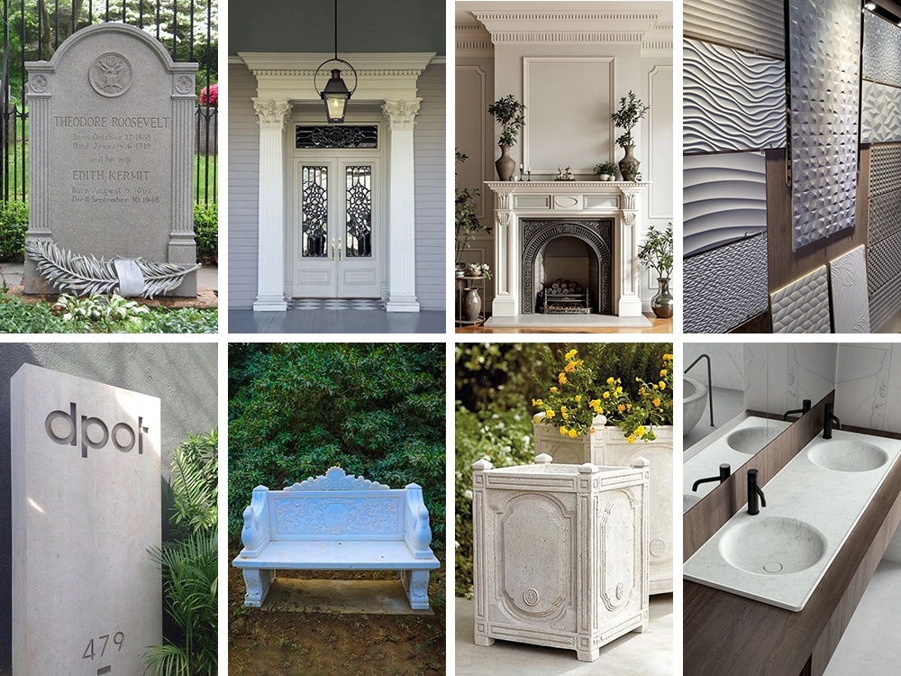 The CNC stone router can process a wide range of products, including tombstones, monuments, decorative panels, fireplaces, stone signs, stone chair panels, flower pots, sinks, and more.