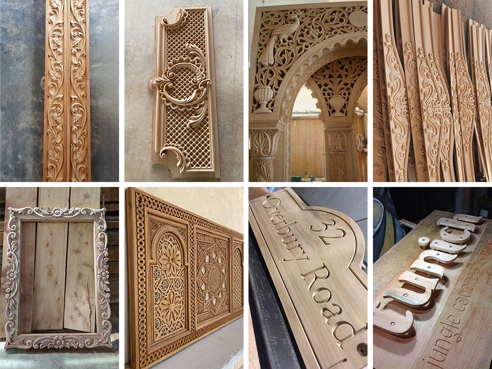 The 8-station 2D & 3D integrated CNC wood router machine can process various wooden decorative architectural components, wooden photo frames, advertising signs, advertising letters, and more.