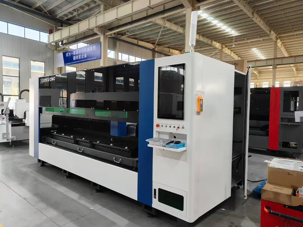Front left view of the enclosed fiber laser sheet cutting machine with pull-out worktable Front left view of the enclosed fiber laser sheet cutting machine with pull-out worktable