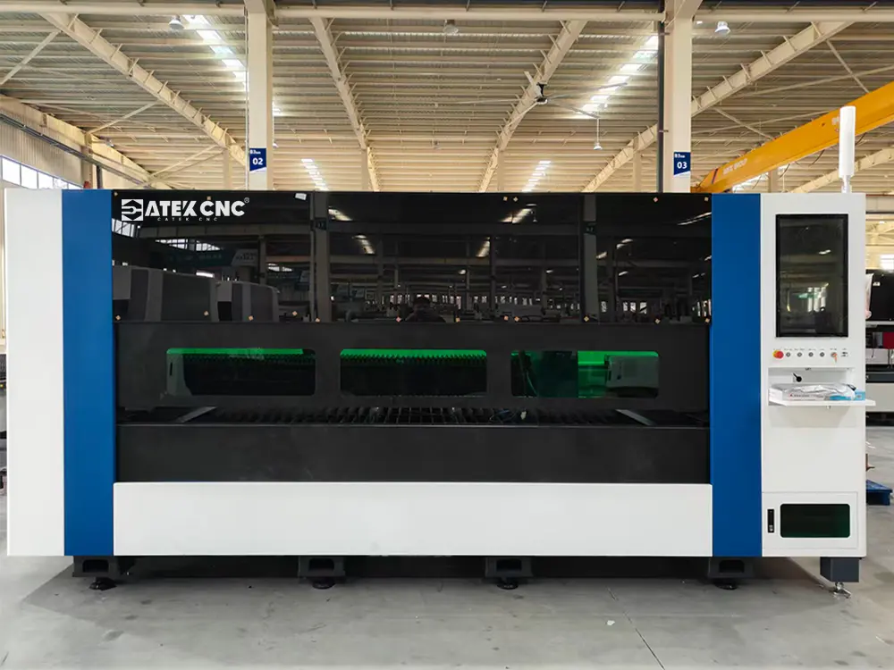 Front view of the enclosed fiber laser sheet cutting machine with pull-out worktable Front view of the enclosed fiber laser sheet cutting machine with pull-out worktable