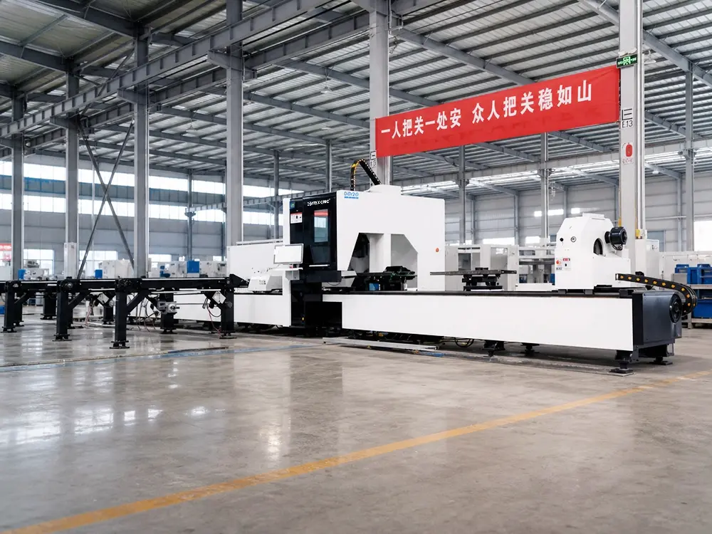 Front right view of the 3-chuck horizontal fiber laser tube cutting machine Front right view of the 3-chuck horizontal fiber laser tube cutting machine