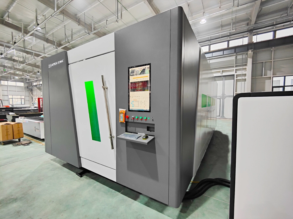 Front left view of the 2040 enclosed fiber laser cutting machine with dual-shuttle table
