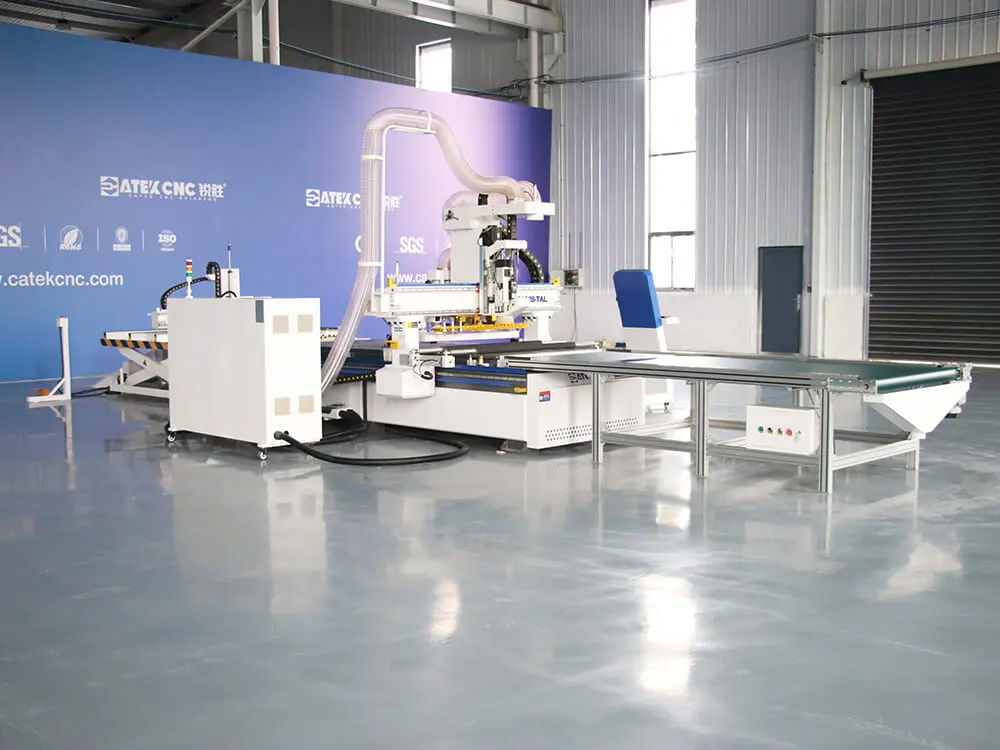 The front right view of 4*9ft linear atc CNC router with automatic loading & unloading and Honeywell labeling machine