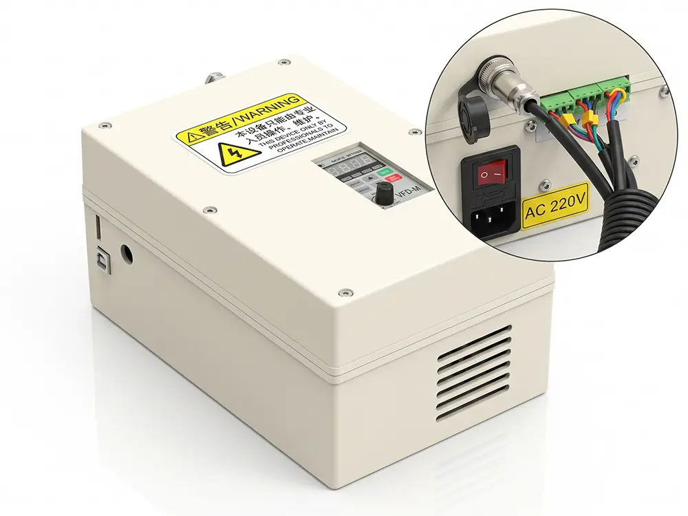 Integrated Electrical Control Cabinet Integrated control cabinet of a desktop CNC router with inverter, power supply, and electrical components
