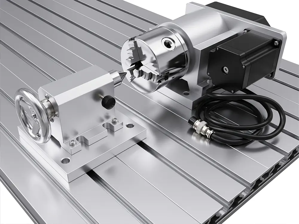 Rotary 4th Axis Rotary 4th axis attachment for a desktop CNC router, enabling cylindrical engraving and 3D machining on wood, acrylic, and aluminum materials