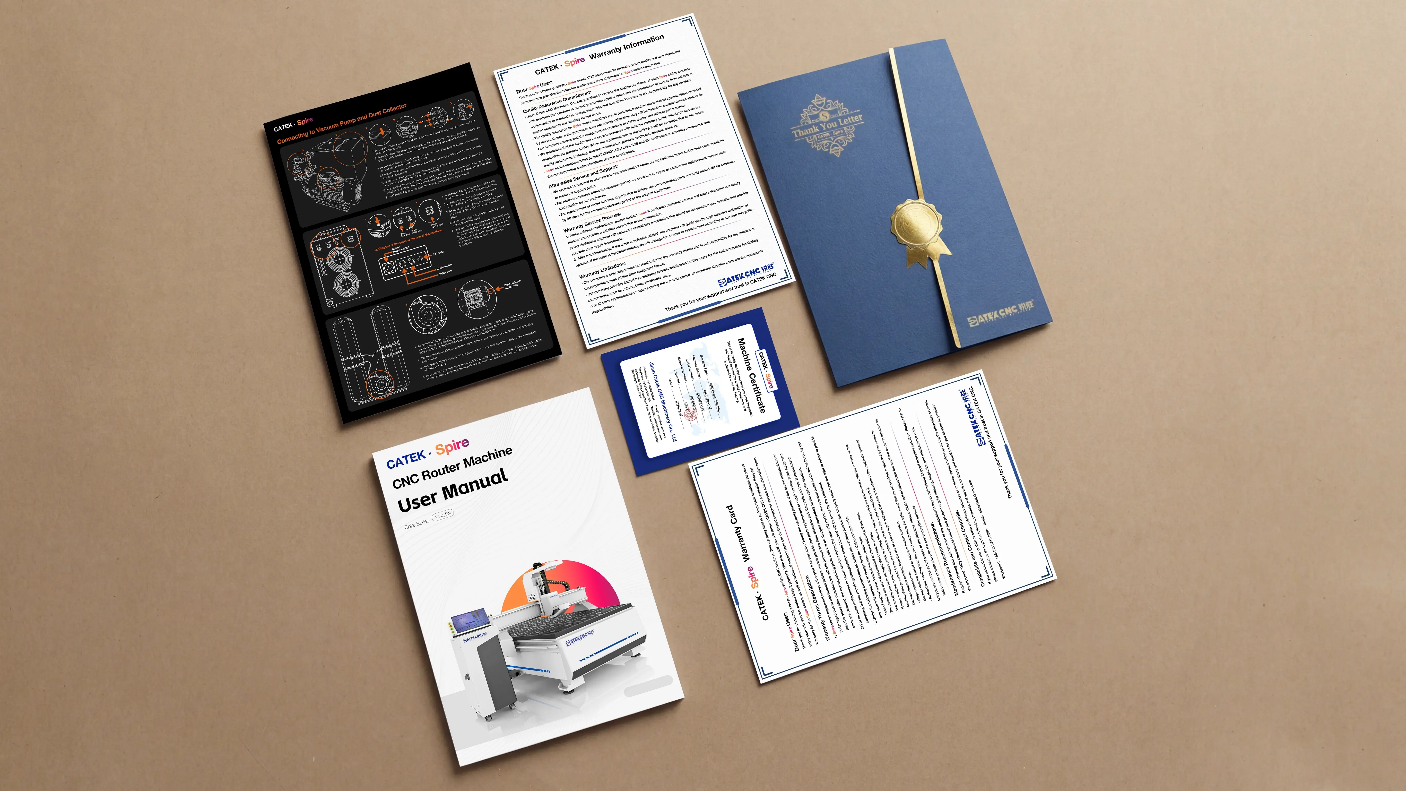 User manual, warranty card, quick guide, machine certificate and letter of thanks for Spire 1520 CNC router