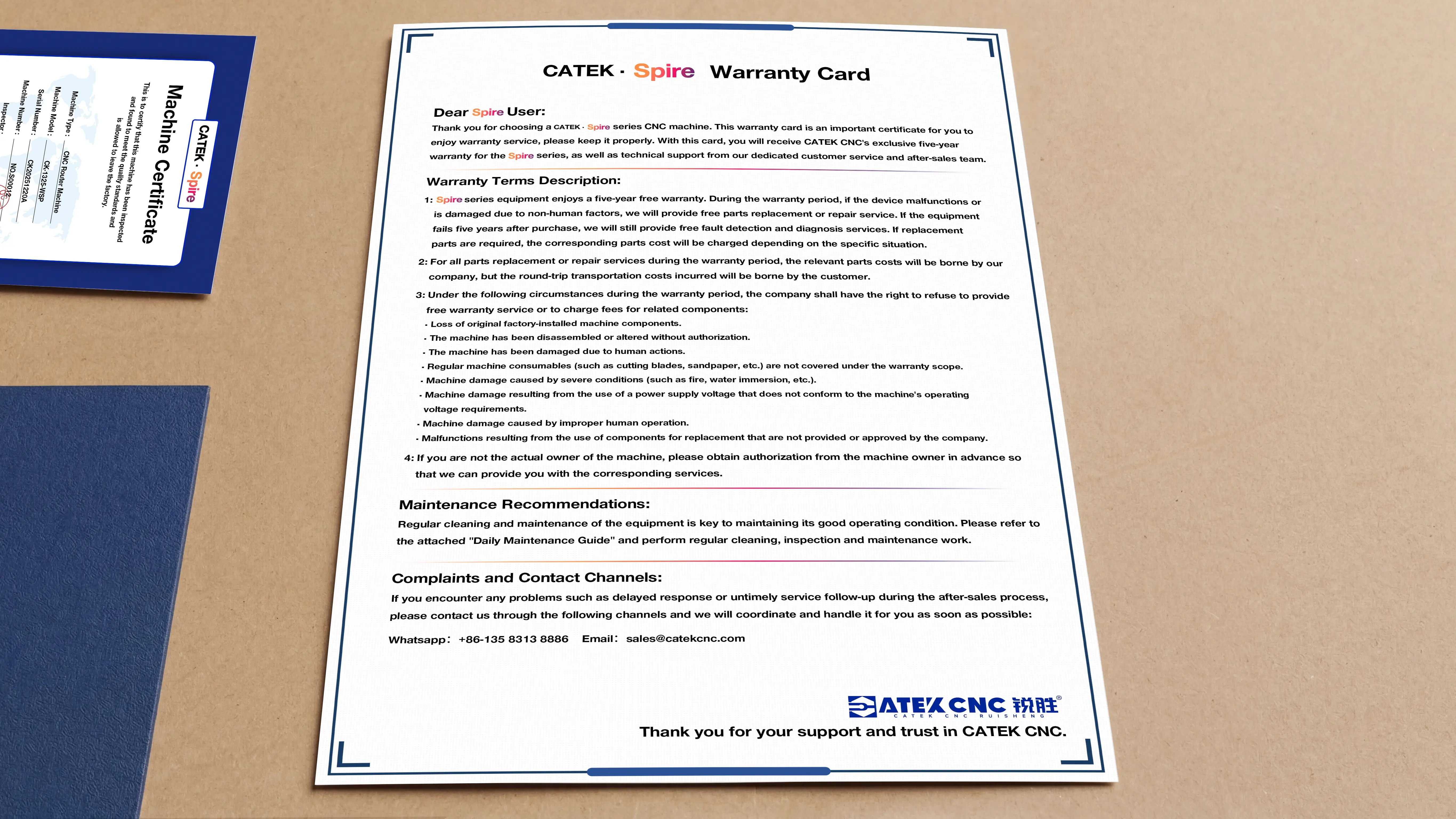 Warranty card for Spire 1325 CNC router