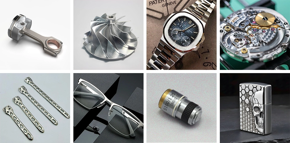 The trunnion-type 5-axis metal milling machinecan process small impellers, watch cases, watch movement plates, orthopedic stents, eyeglass frames, metal lens barrels, engraved lighters, and more