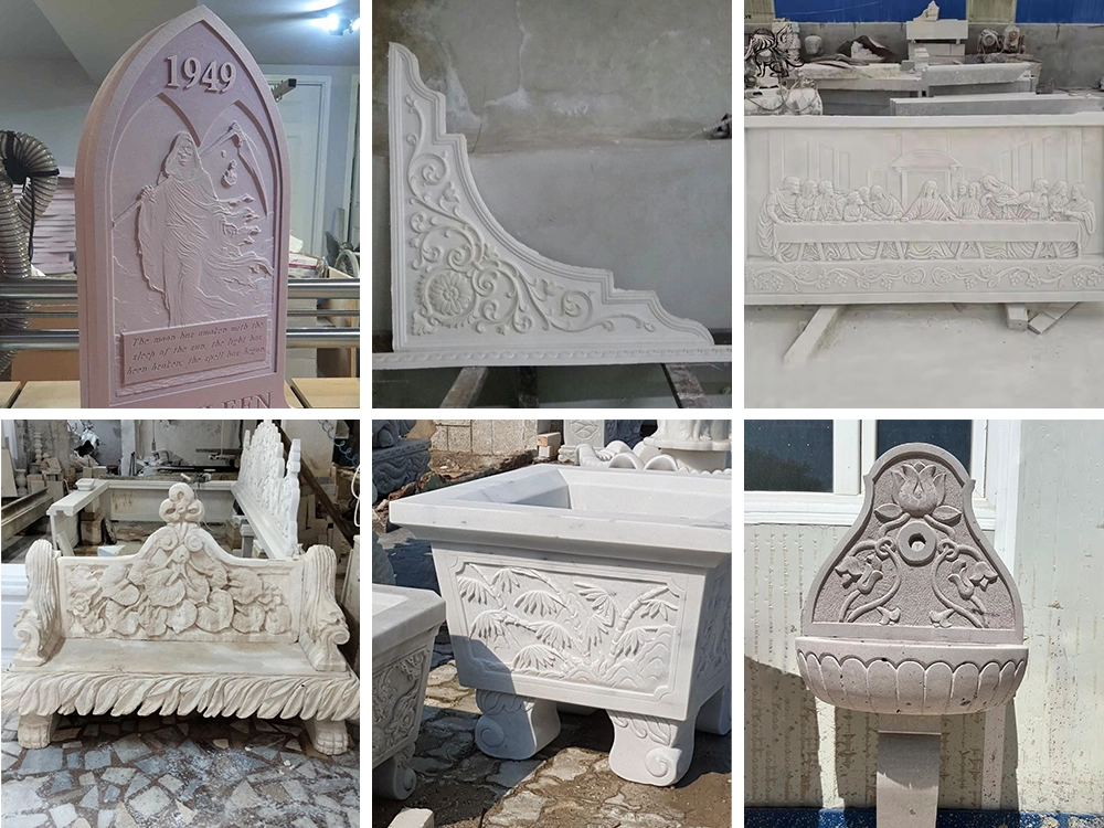 Cases of the 7x10 ft CNC stone router processing various stone products.