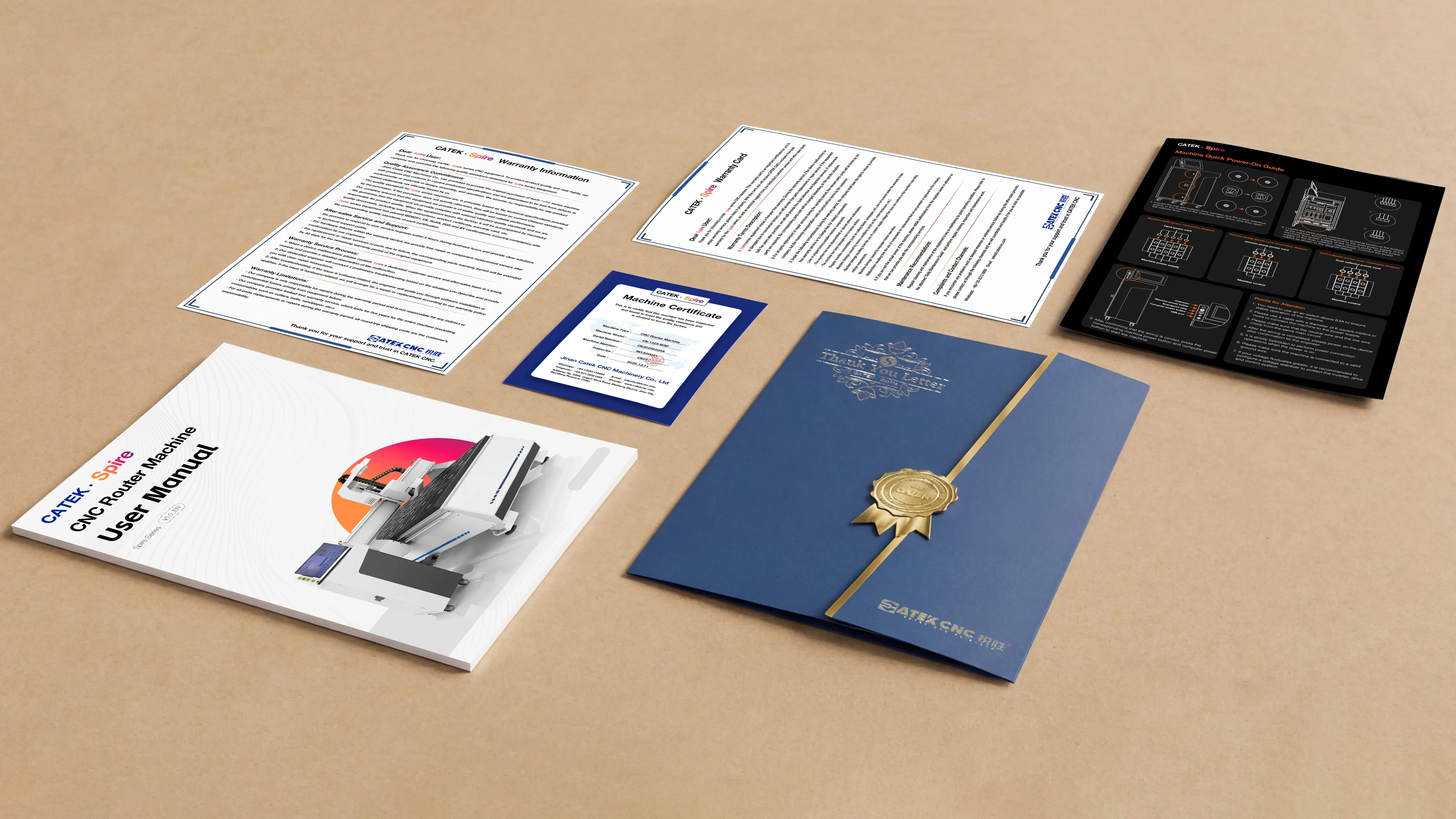 User manual, warranty card, quick guide, machine certificate and letter of thanks