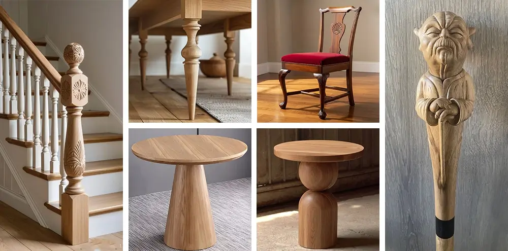 The CK-1325-RT CNC wood router can process stair newels, table legs, chair legs, walking sticks, etc. The CK-1325-RT CNC wood router can process stair newels, table legs, chair legs, walking sticks, etc.