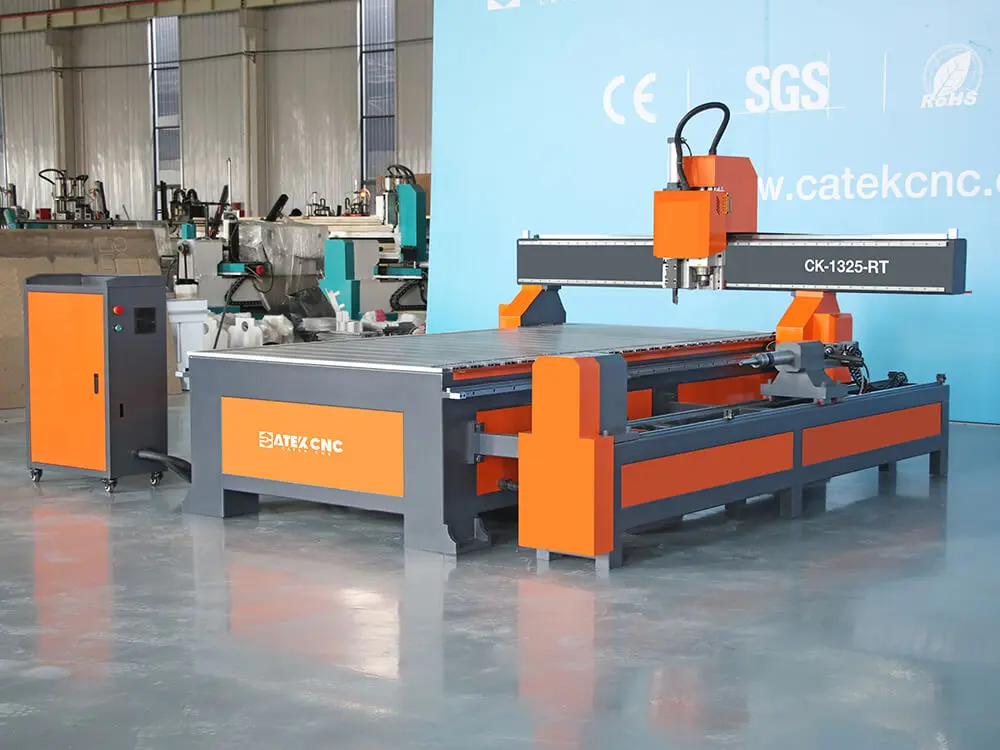 Front left view of the multi-functional CNC router with rotary 4th axis and turning function Front left view of the multi-functional CNC router with rotary 4th axis and turning function