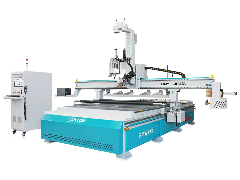 4-axis CNC router with carousel-type automatic tool changer, auto-labeling device, and vertical drilling bank