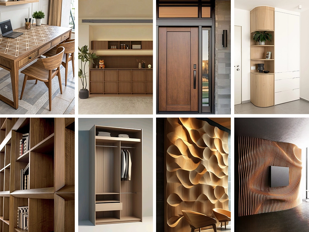 The 4-Axis CNC Router with Labeler and Vertical Drilling Bank are capable of processing various types of tables, cabinets, door panels, corner cabinets, wardrobes, shelves, decorative wall panels, and more.