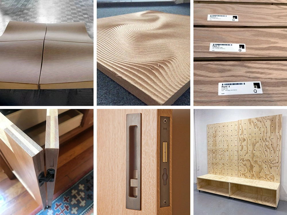 Examples of The 4-Axis CNC Router with Auto-Labeling, Vertical & Horizontal Drilling processing curved surfaces, labeling, and machining hinge and lock bolt holes for cabinets and wooden doors.