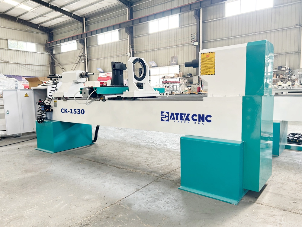 Front left view of double-knife CNC wood lathe