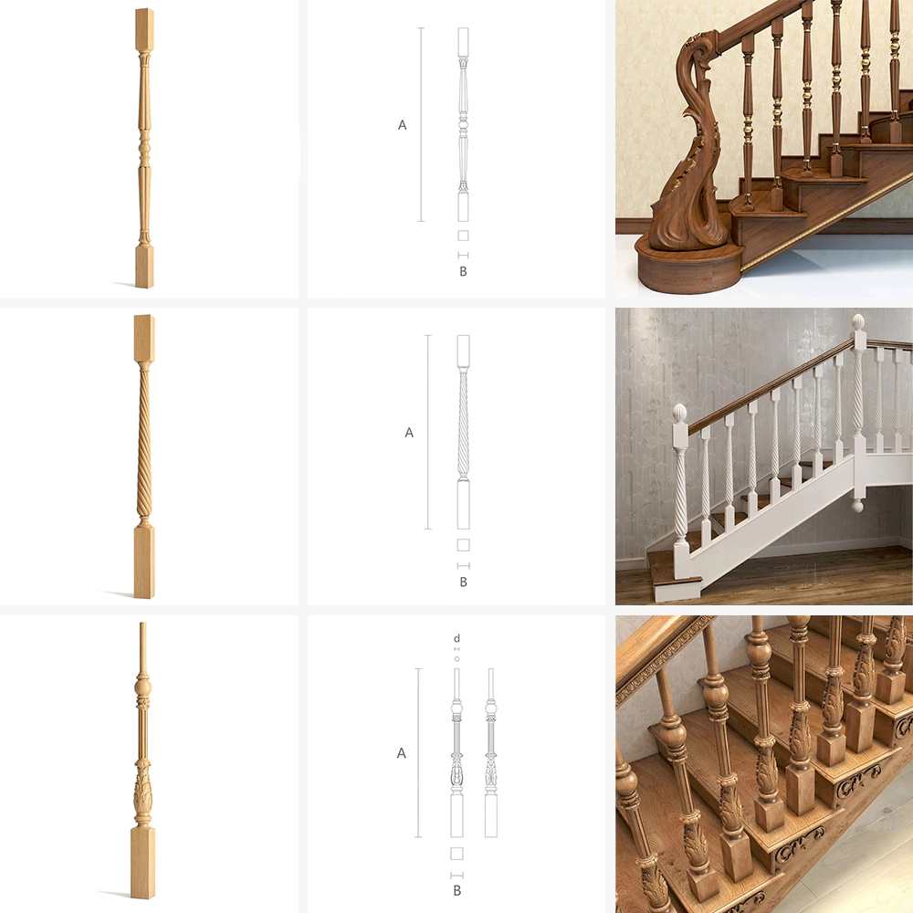 Example of a 3-station CNC turning and carving lathe machining a staircase newel post with carved patterns and grooves.