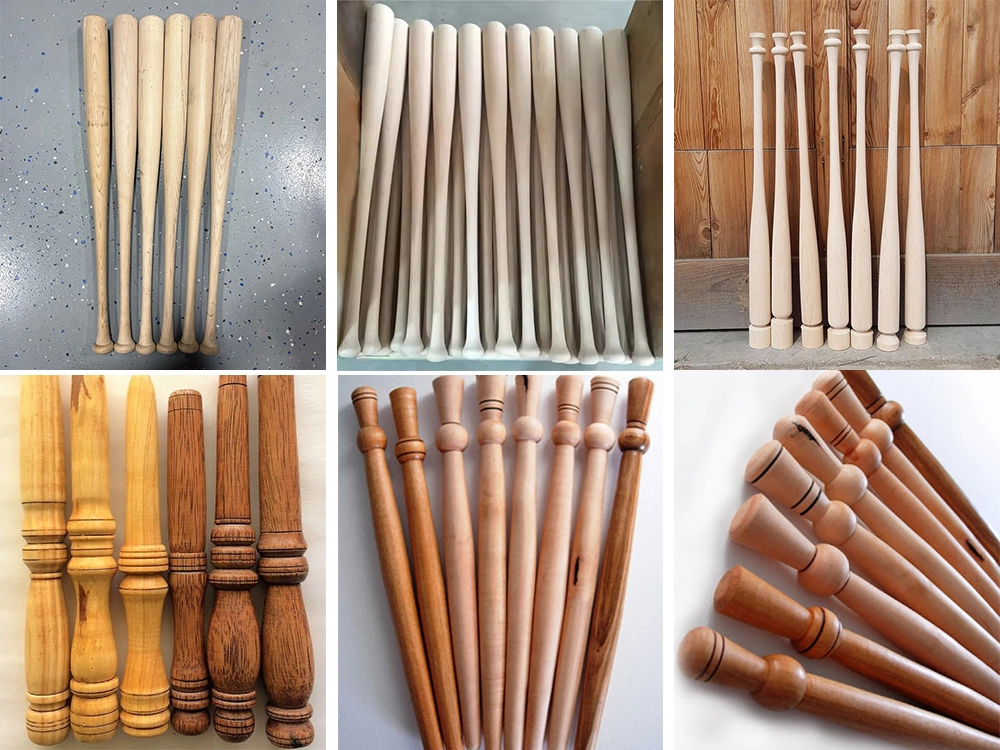 Baseball bats and potato mashers processed by 2-station 1516 wood lathe