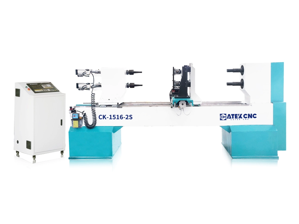 Two-station turning and carving CNC woodworking lathe