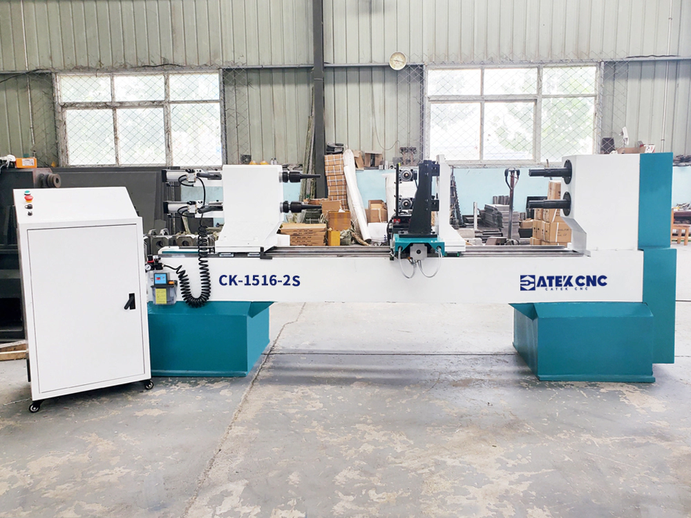 2-station CNC wood lathe with turning and carving function