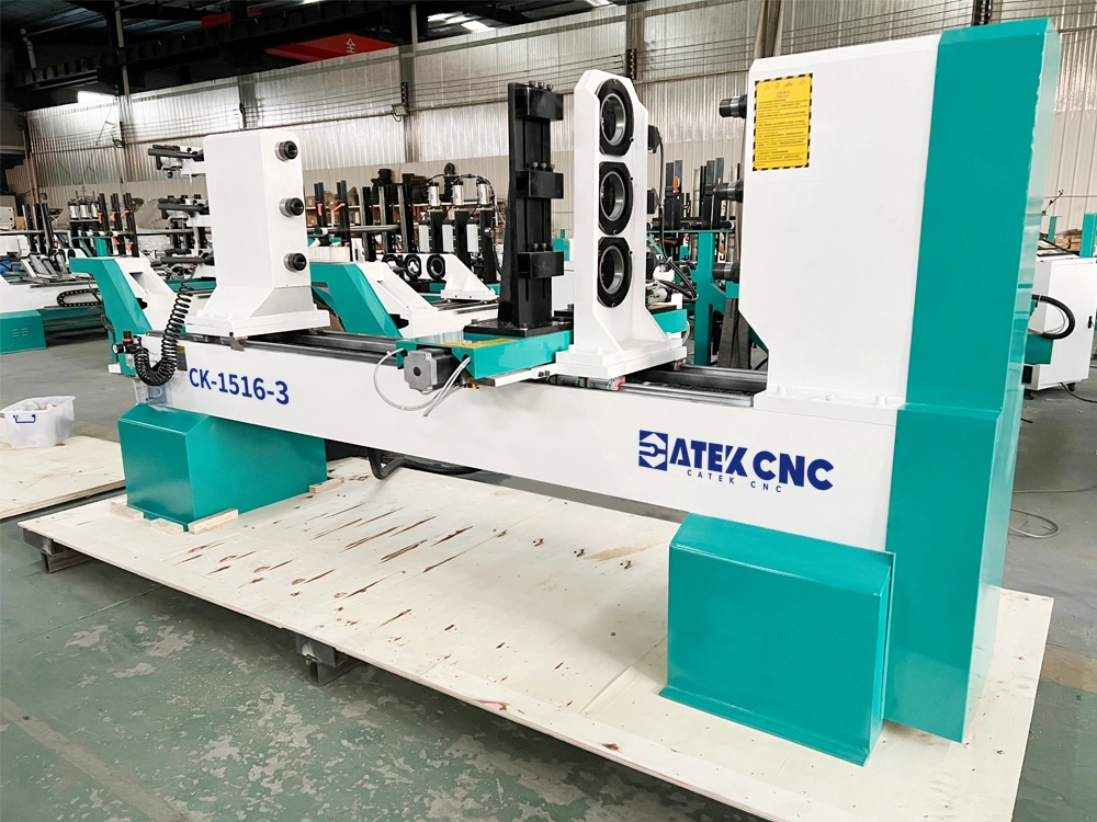 Front left view of CNC wood lathe with three drive-spindle