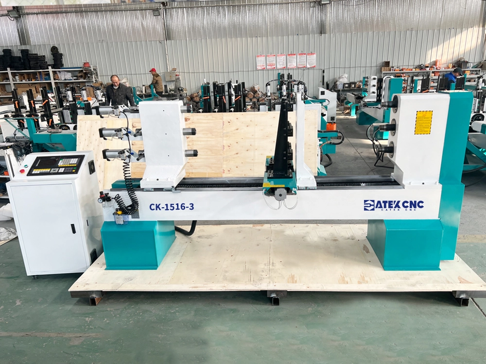 Front view of CNC wood lathe with three drive-spindle