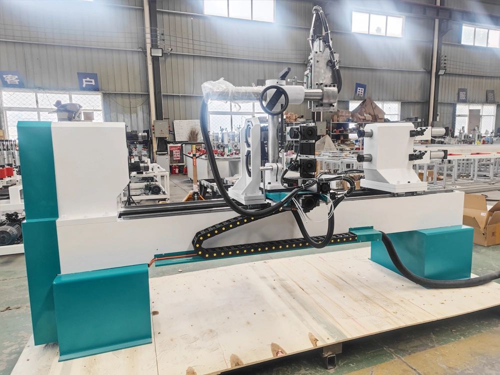 Rear left view of 2-station multifunctional CNC wood lathe with four-axis linkage