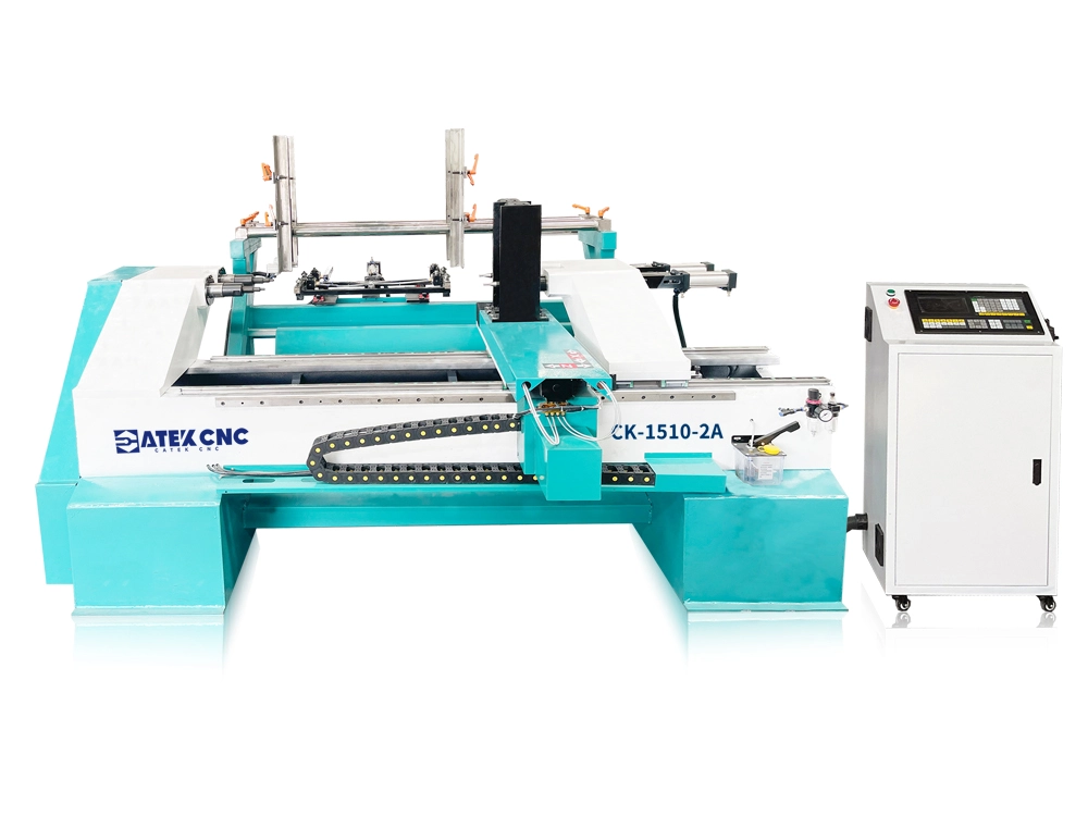 Fully automatic hopper fed CNC pool cue lathe with two processing stations