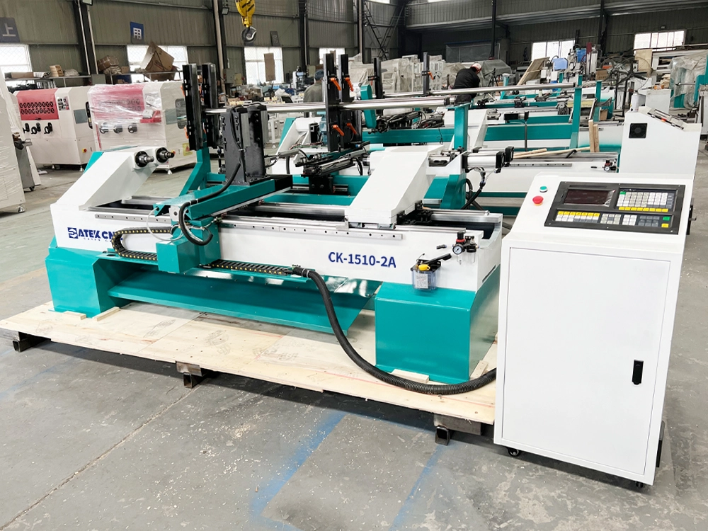 2-station CNC wood lathe machine with automatic feeding kit